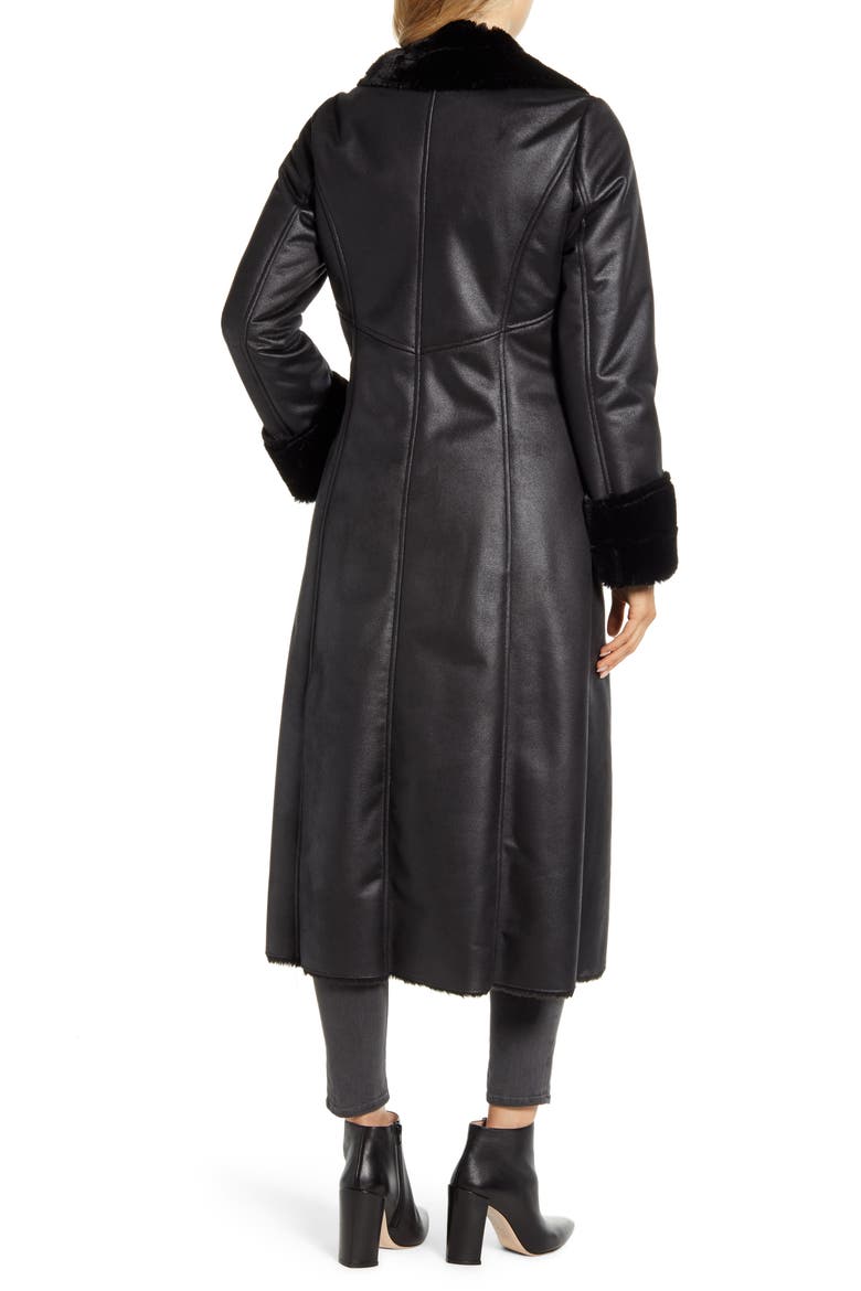 Faux Leather Coat with Faux Shearling Trim, Alternate, color, BLACK