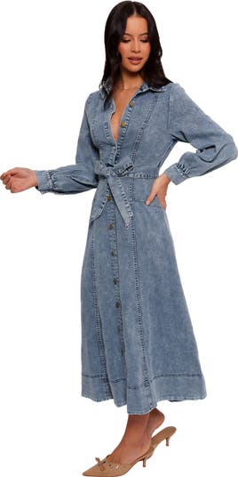 Emberly Tie Belt Three-Quarter Sleeve Stretch Denim Maxi Dress