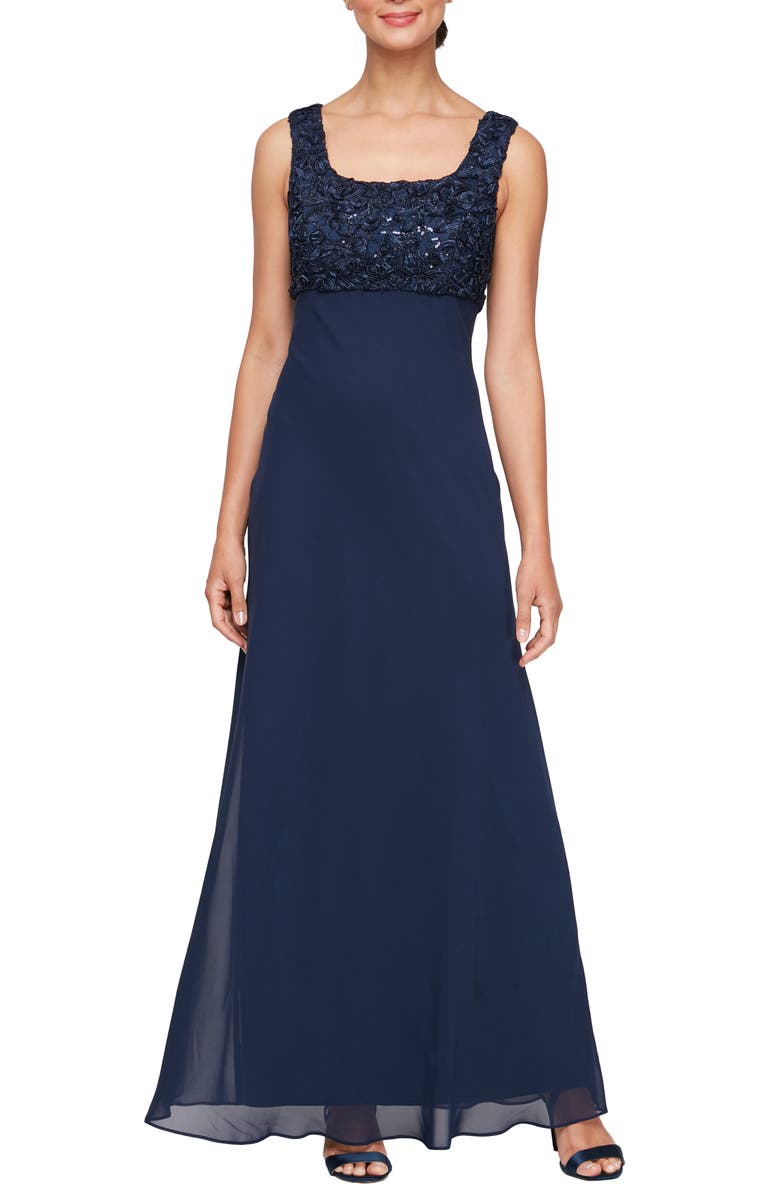 Alex Evenings Sequin Soutache Lace Empire Waist Chiffon Gown with Jacket, Alternate, color, Navy