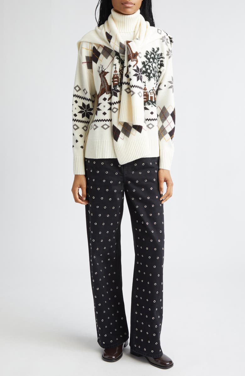 MONSE Tie Scarf Overlay Fair Isle Extrafine Merino Wool Turtleneck Sweater, Alternate, color, Ivory