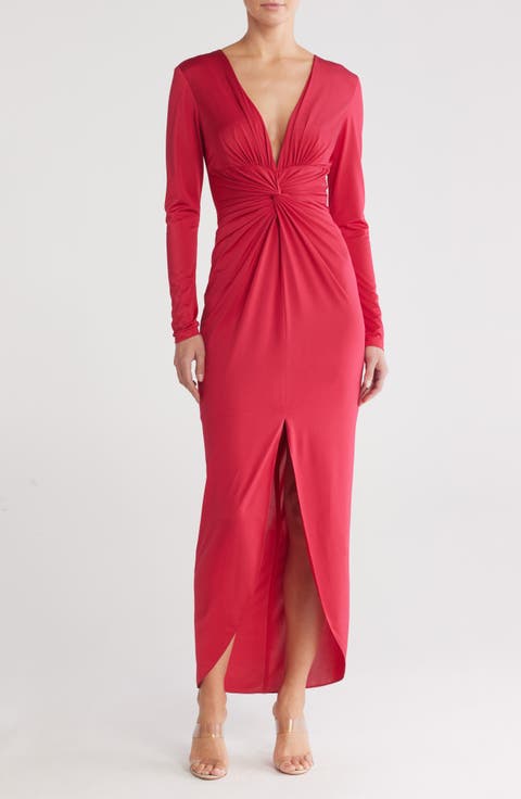 Long Sleeve Knot Plunge Dress