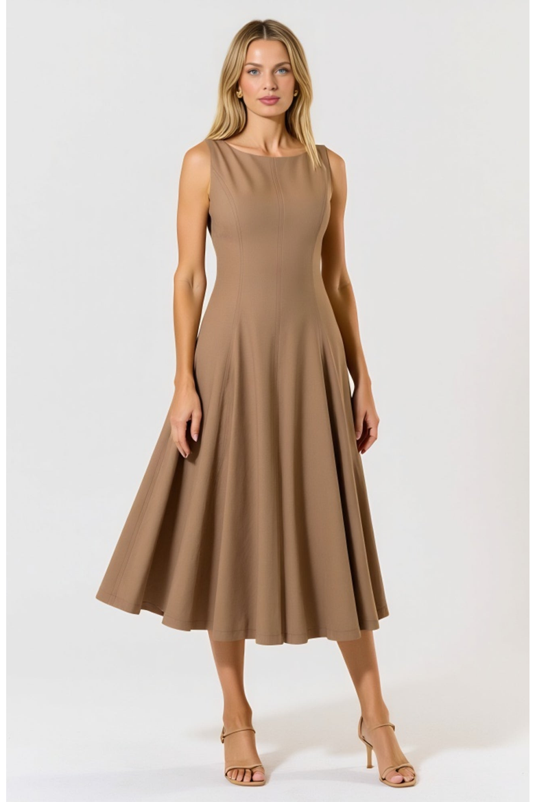 Sleeveless Boat Neck Fit and Flare Midi Dress with Seam Detailing, Main, color, Brown