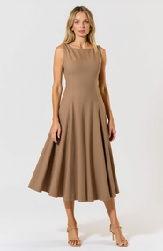 Modenaire Sleeveless Boat Neck Fit and Flare Midi Dress with Seam Detailing