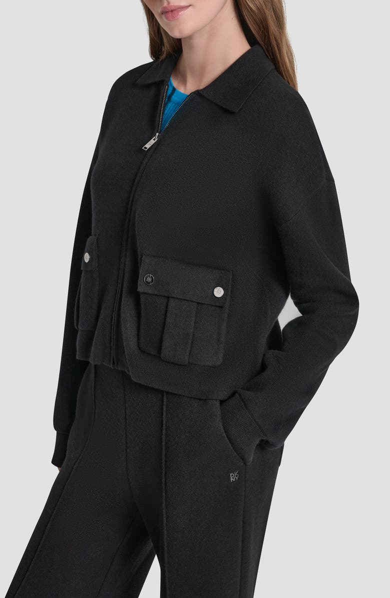 DKNY Collared Zip Cardigan, Alternate, color, Black