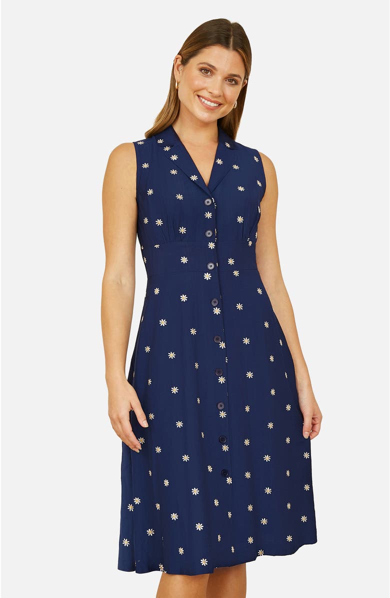 Yumi Daisy Print Sleeveless Shirt Dress, Alternate, color, Navy
