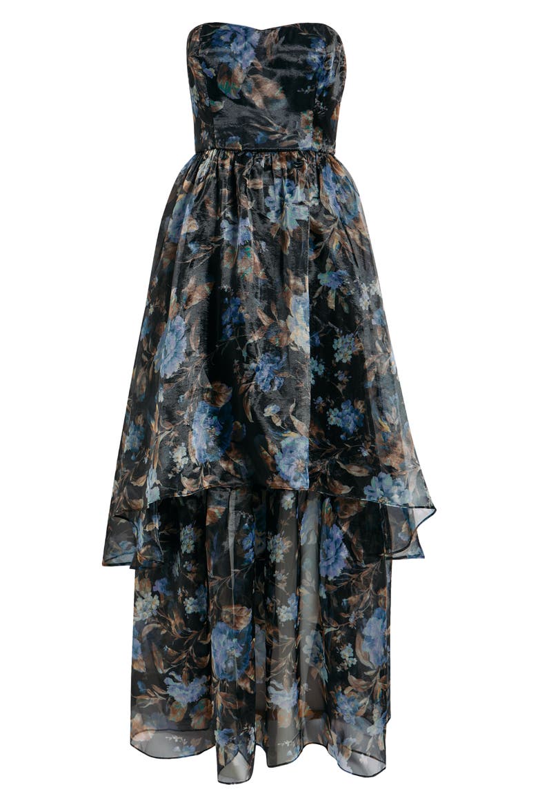 Marie Strapless Tiered Maxi Cocktail Dress, Alternate, color, BLACK FLORAL