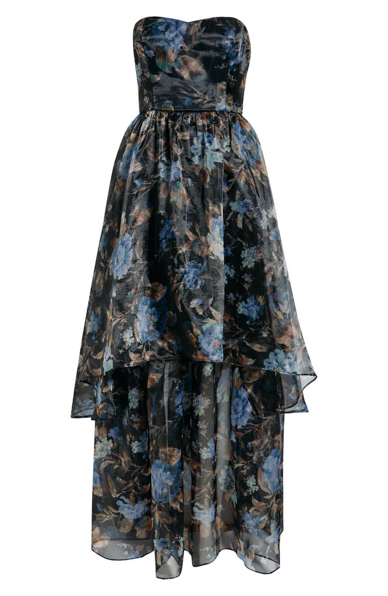 Lulus Marie Strapless Tiered Maxi Cocktail Dress, Alternate, color, Black Floral