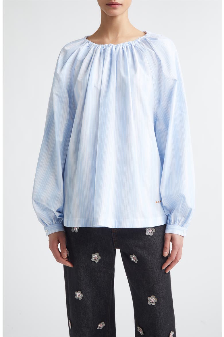 Stripe Gathered Neck Cotton Poplin Top, Main, color, STB21 LIGHT BLUE