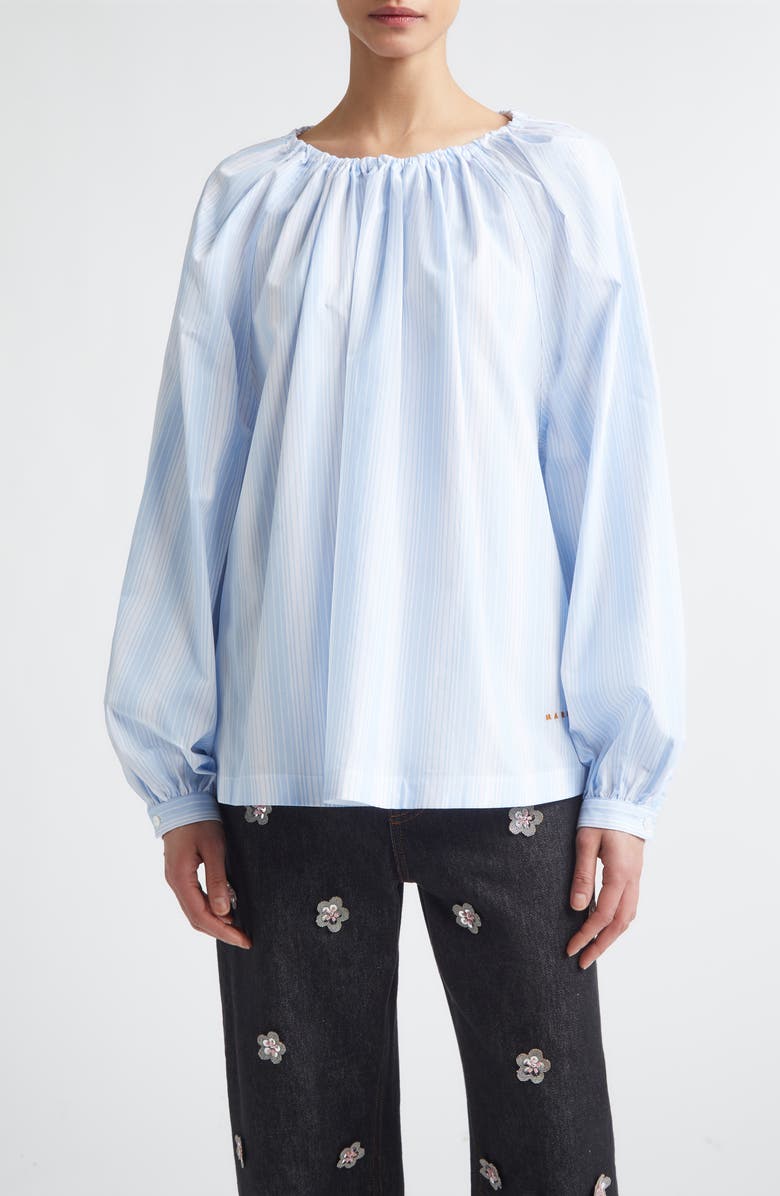 Marni Stripe Gathered Neck Cotton Poplin Top, Main, color, Stb21 Light Blue