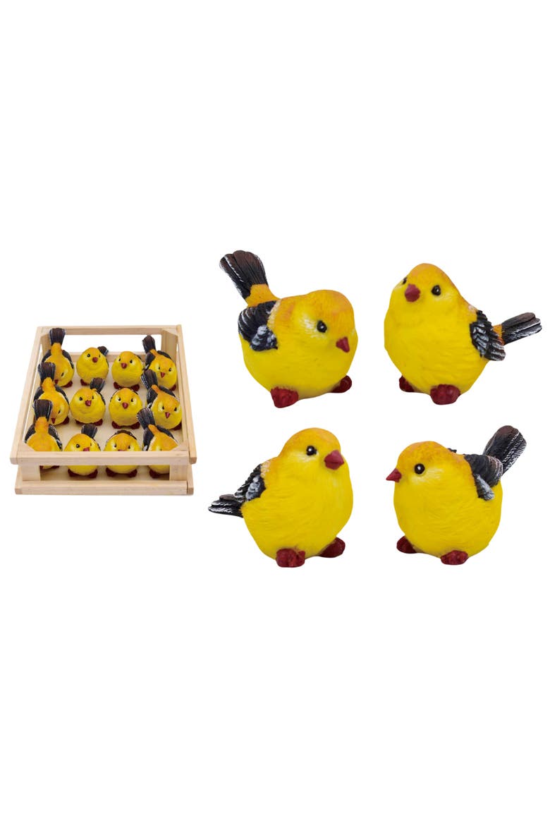 Mini Resin Goldfinch Birds in Crate Set of 12 Multicolored for Spring Home Decor, Main, color, Yellow