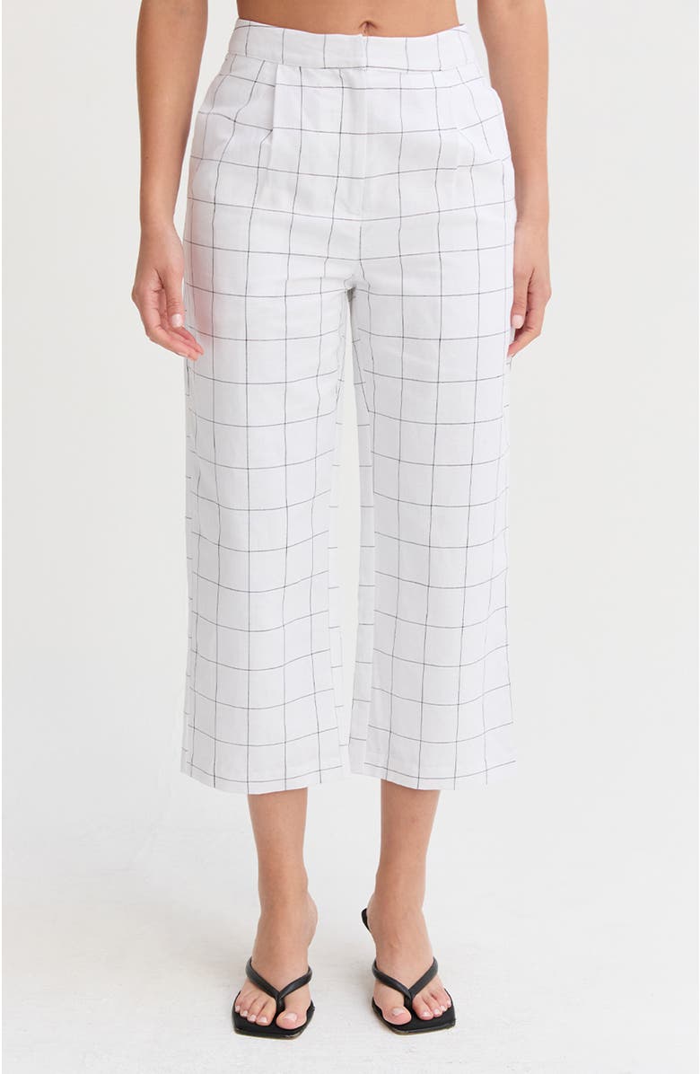 CRESCENT Windowpane Straight Leg Linen Culottes, Main, color, White