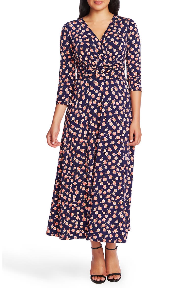 Peony Print Ruched Midi Dress, Main, color, EVENING NAVY