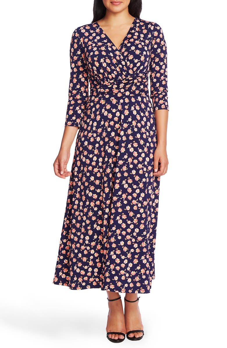 Chaus Peony Print Ruched Midi Dress, Main, color, 