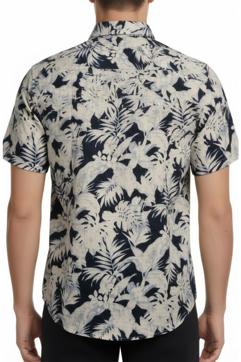 Tropical Print Short Sleeve Linen & Cotton Button-Up Shirt, Alternate, color, NAVY