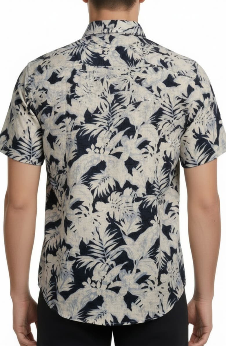 Report Collection Tropical Print Short Sleeve Linen & Cotton Button-Up Shirt, Alternate, color, Navy