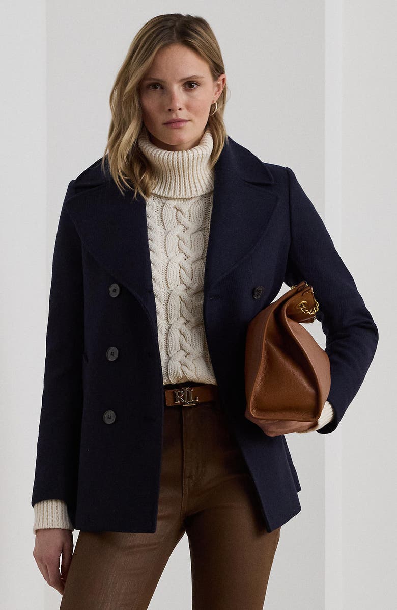 Lauren Ralph Lauren Wool Blend Twill Peacoat, Alternate, color, Regal Navy
