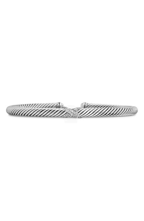 X Classic Cable Station Bracelet in Sterling Silver with Diamonds, 4mm