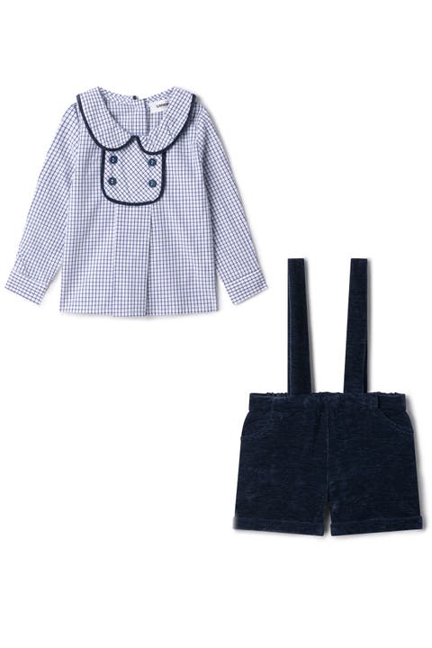Boy Velvet Checkered Long Sleeve Shirt & Adjustable Strap Overall 2-Piece Set (Baby)
