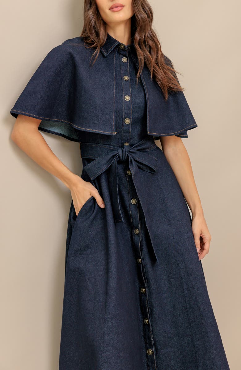 FLYING TOMATO Cape Sleeve Denim Midi Shirtdress, Alternate, color,