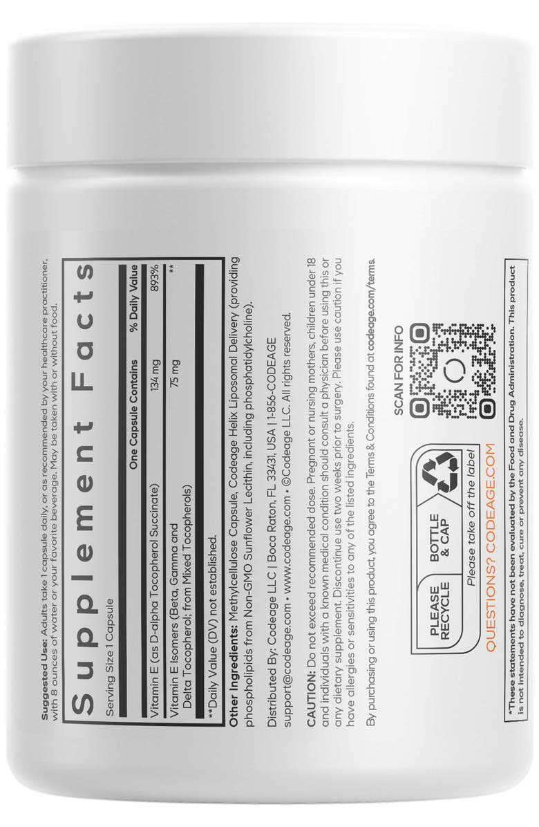 Codeage Liposomal Vitamin E Tocopherols Supplement, Alternate, color, White