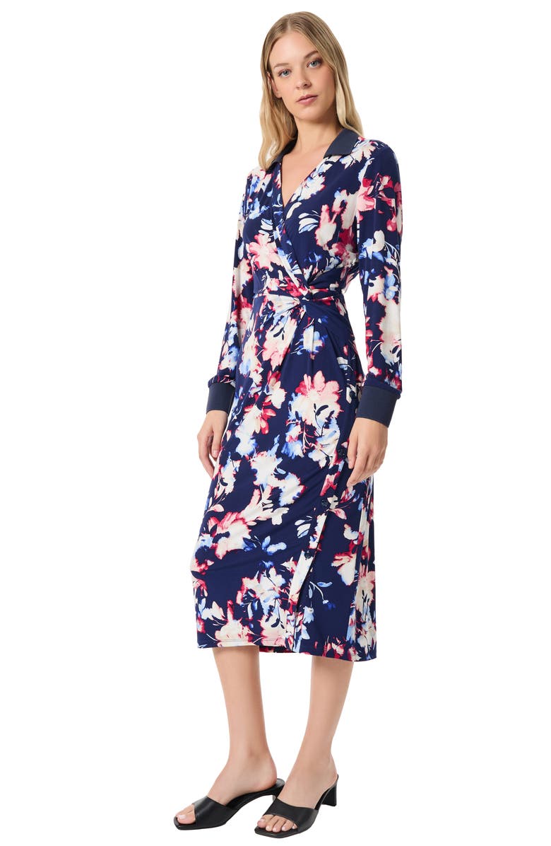Jones New York Floral Long Sleeve Collared Faux Wrap Midi Dress, Alternate, color, 