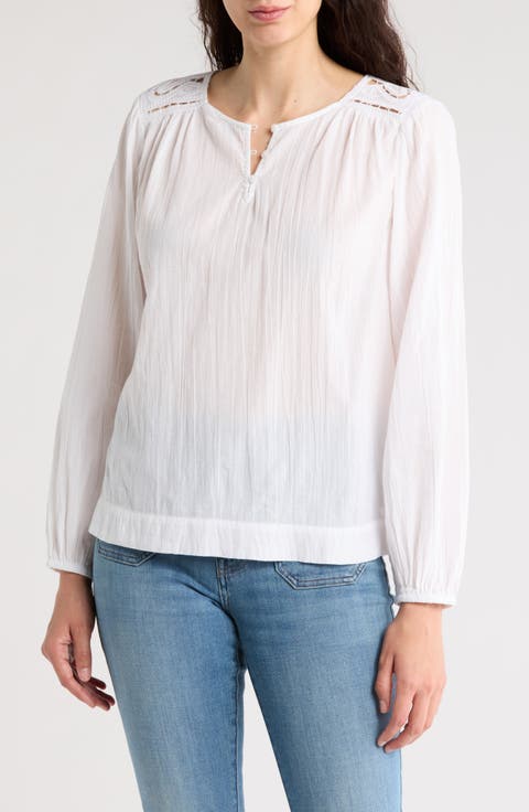 Long Puff Sleeve Cutout Cotton Top