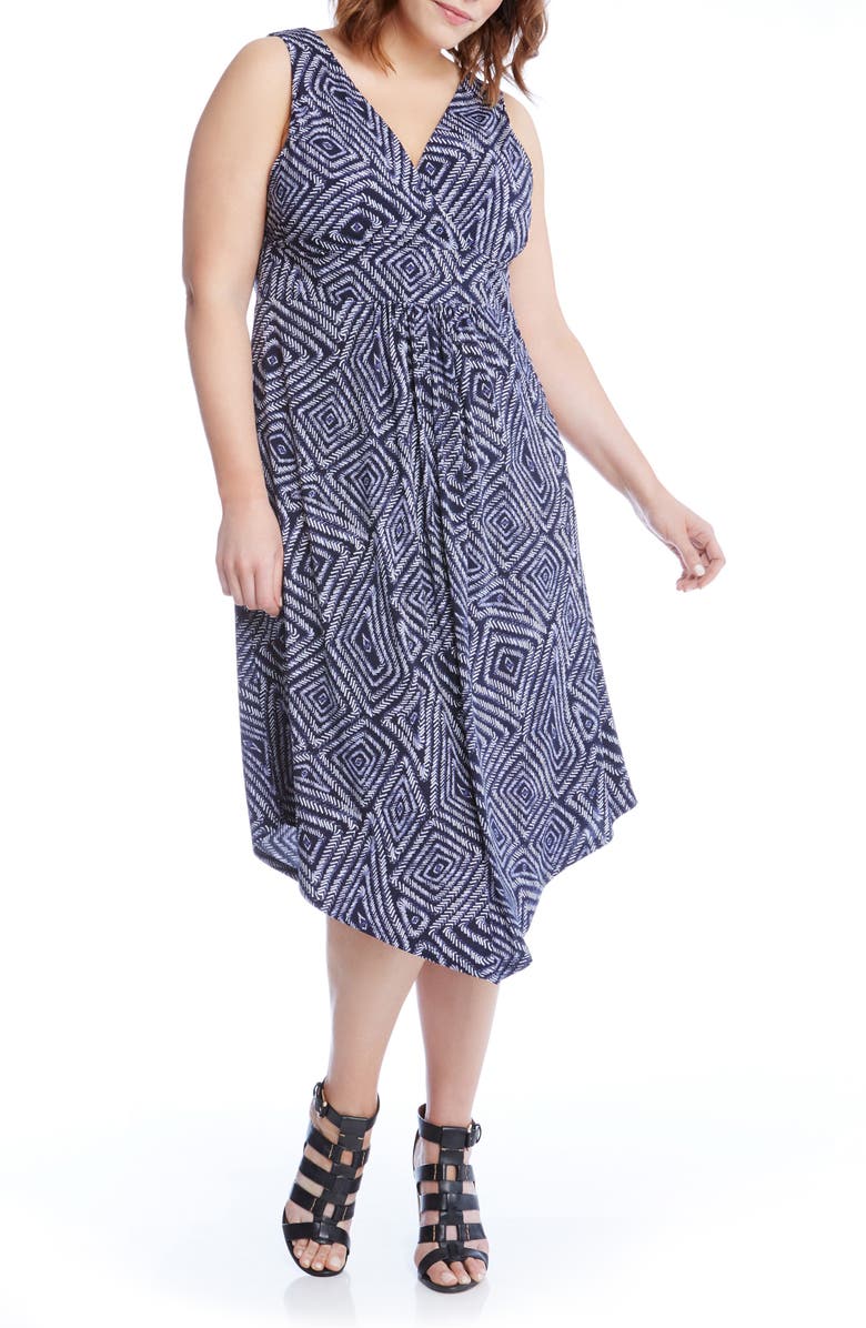 Karen Kane Asymmetrical Hem Geo Print Midi Dress, Main, color,