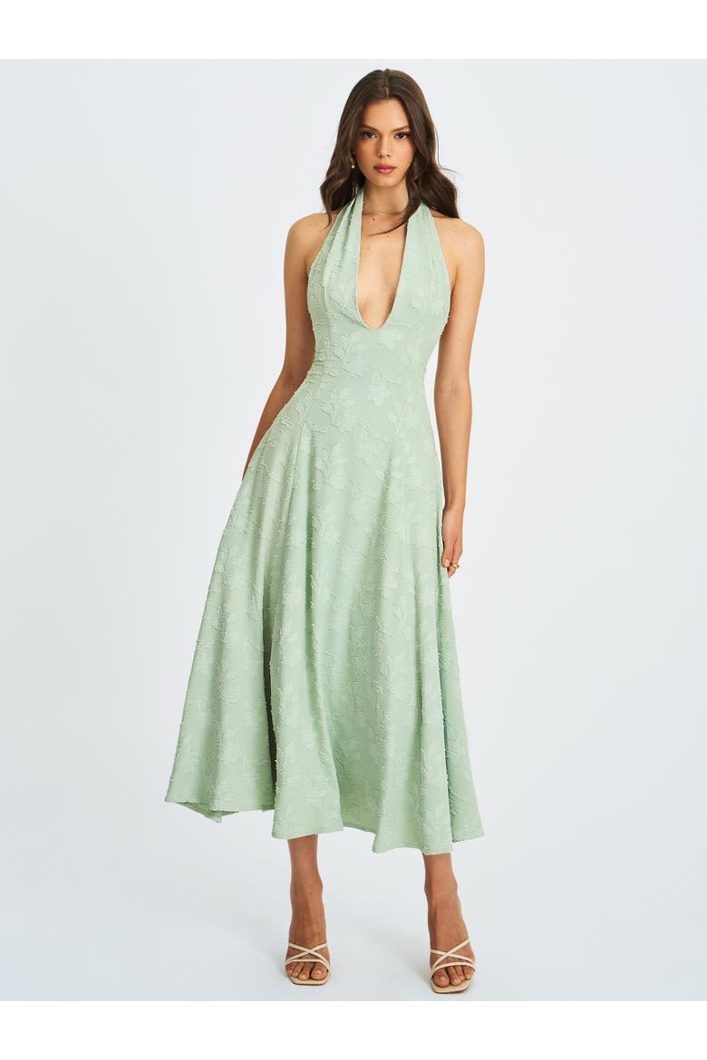 Magda Deep V Neck Halter A-line Midi Dress, Alternate, color, Mint Green