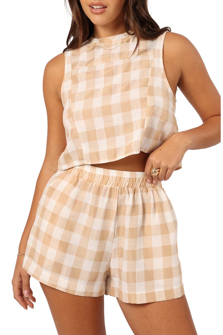 Jemmy Button Back Crop Shell, Main, color, BEIGE CHECK