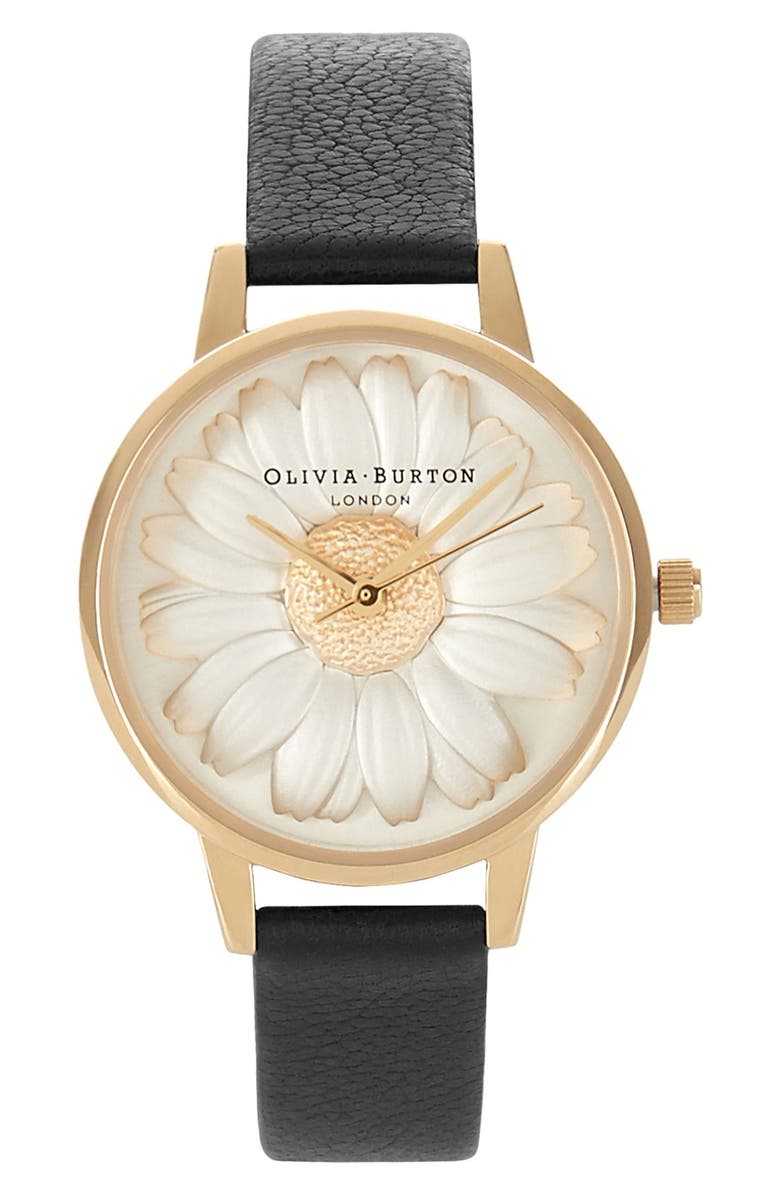 Olivia Burton 3D Daisy Leather Strap Watch, 30mm, Main, color,