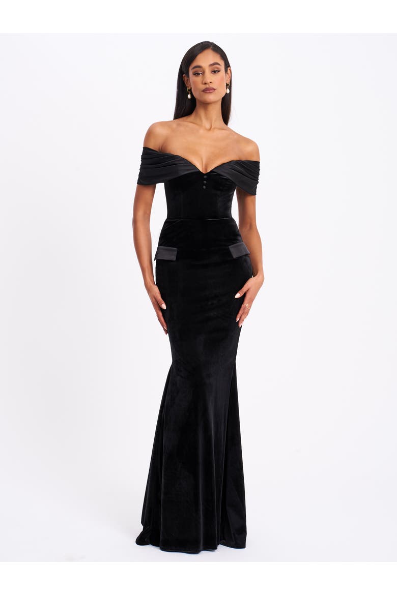 Qamra Velvet Off Shoulder Mermaid Maxi Dress, Main, color, Black