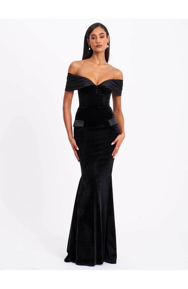 Miss Circle Qamra Velvet Off Shoulder Mermaid Maxi Dress, Main, color, Black