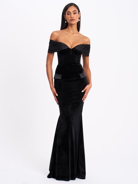 Qamra Velvet Off Shoulder Mermaid Maxi Dress