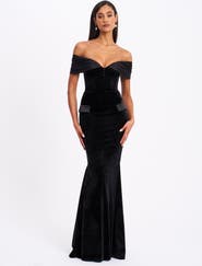 Miss Circle Qamra Velvet Off Shoulder Mermaid Maxi Dress