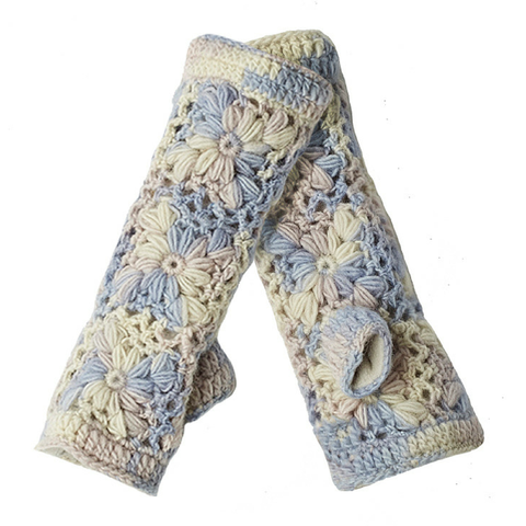 Multi Color Flower Hand Crochet Fingerless Gloves
