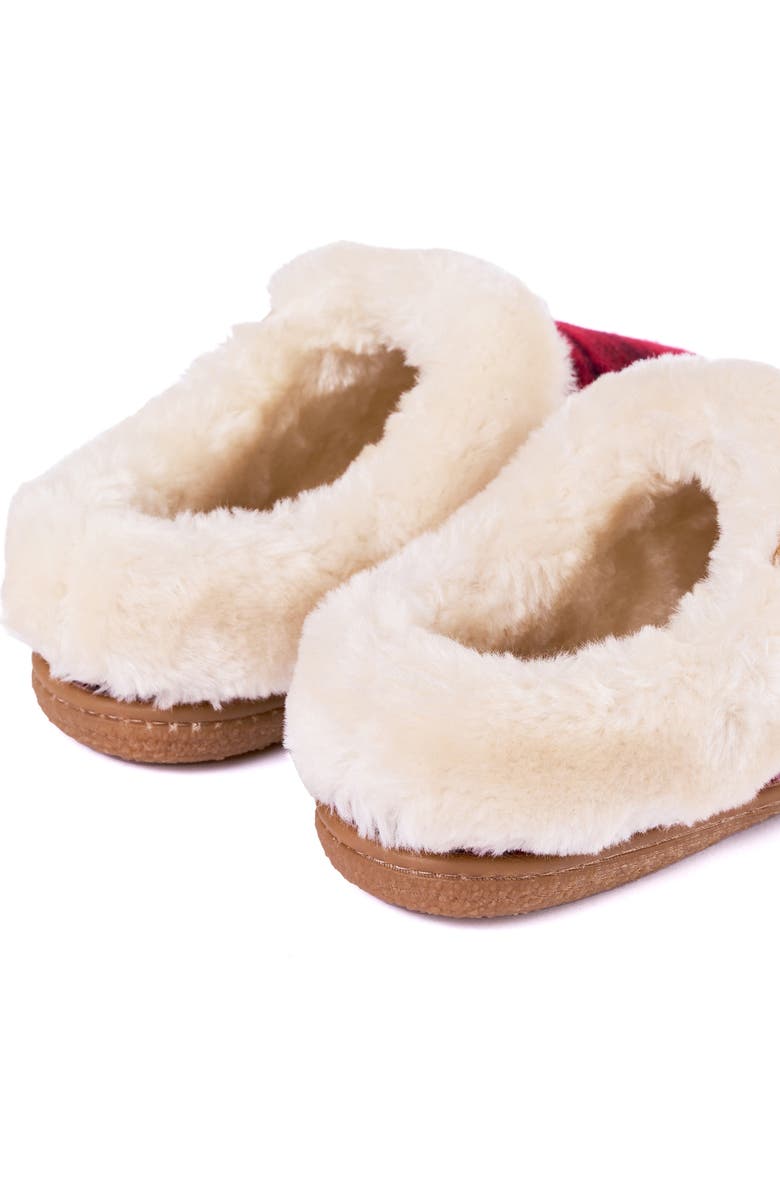 Minnetonka Camp Collar Faux Fur Scuff Slipper, Alternate, color, Red Plaid