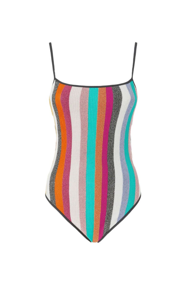 Missoni One-piece Swimsuit In Striped Ribbed Lamé Knit, Alternate, color, Multicoloured