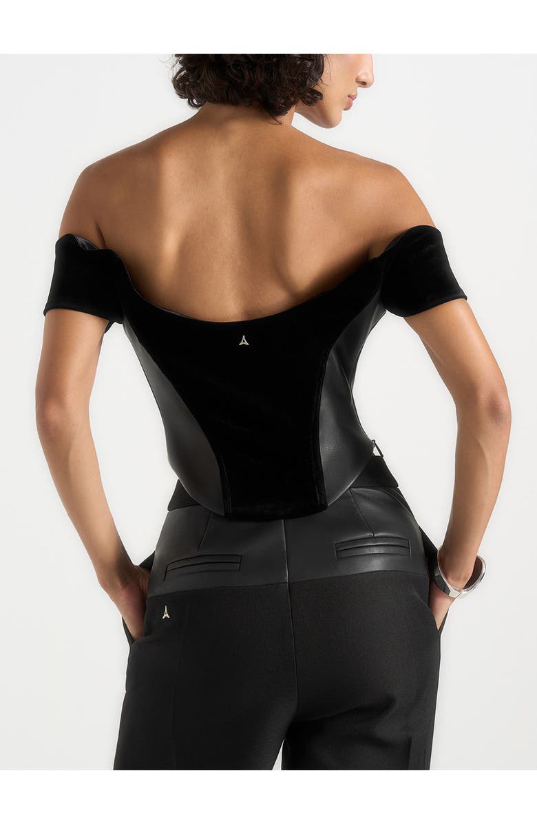 Manière De Voir Fae Velvet & Leather Bardot Corset Top, Alternate, color, Black