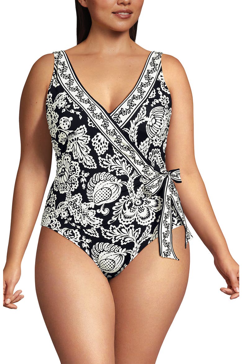 Plus Size Side Tie Wrap One Piece Swimsuit, Alternate, color, Floral Medley/Black Border