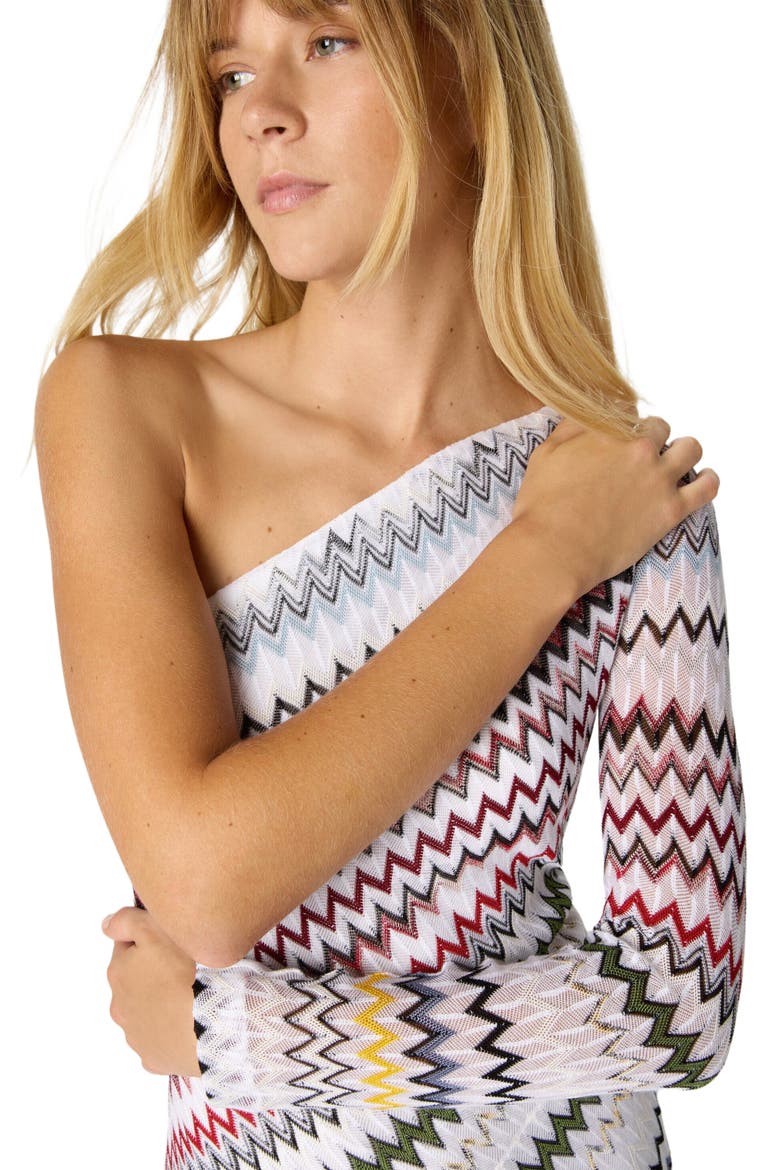 One-shoulder Long Dress In Viscose And Cotton, Alternate, color, Multicoloured