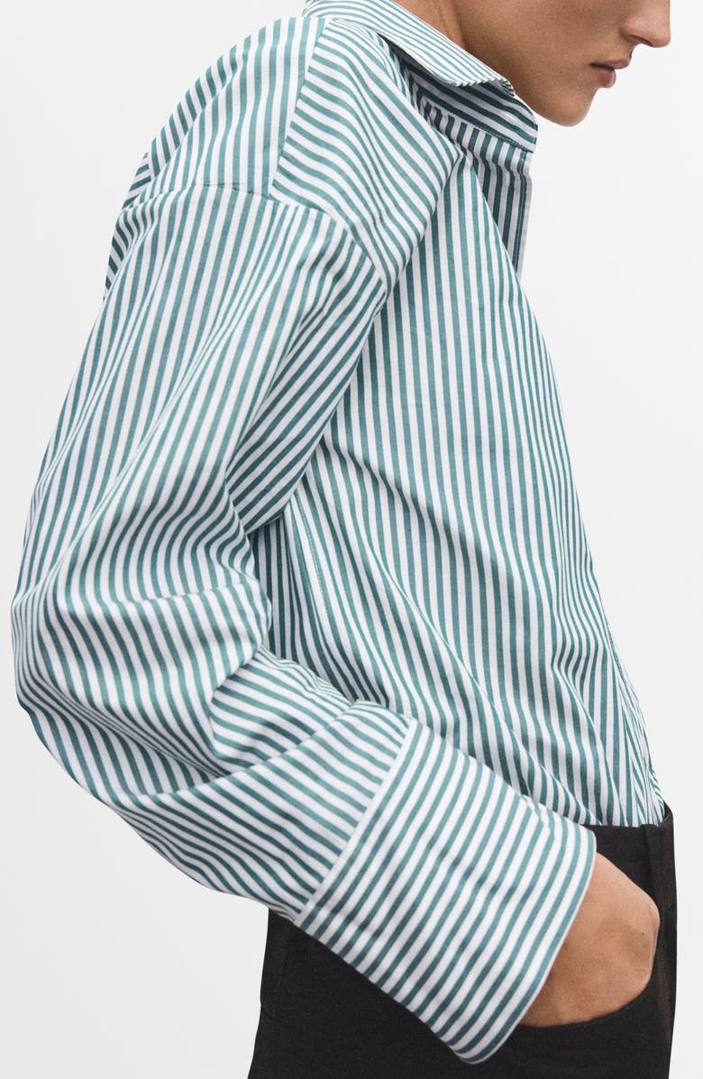 MANGO Stripe Oversize Organic Cotton Button-Up Shirt, Main, color, Green