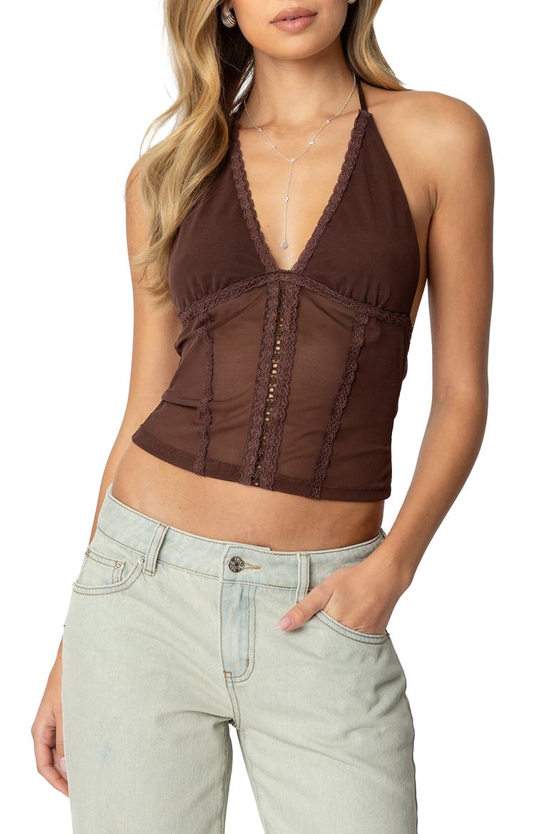 Lucie Lacy Mesh Halter Top, Main, color, BROWN
