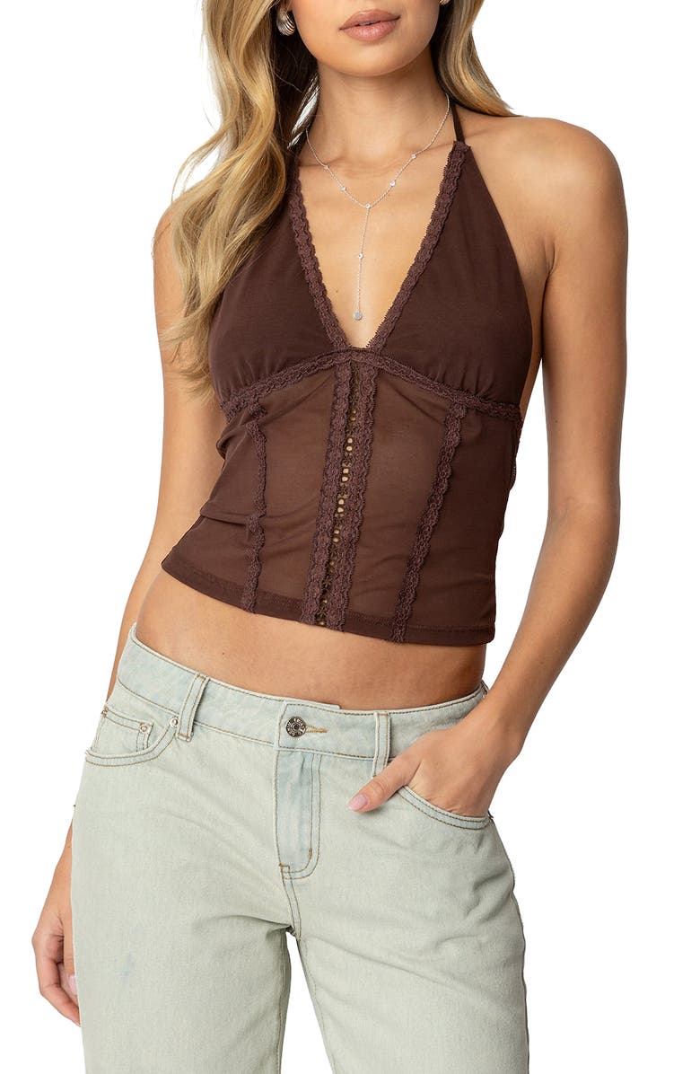 EDIKTED Lucie Lacy Mesh Halter Top, Main, color, Brown