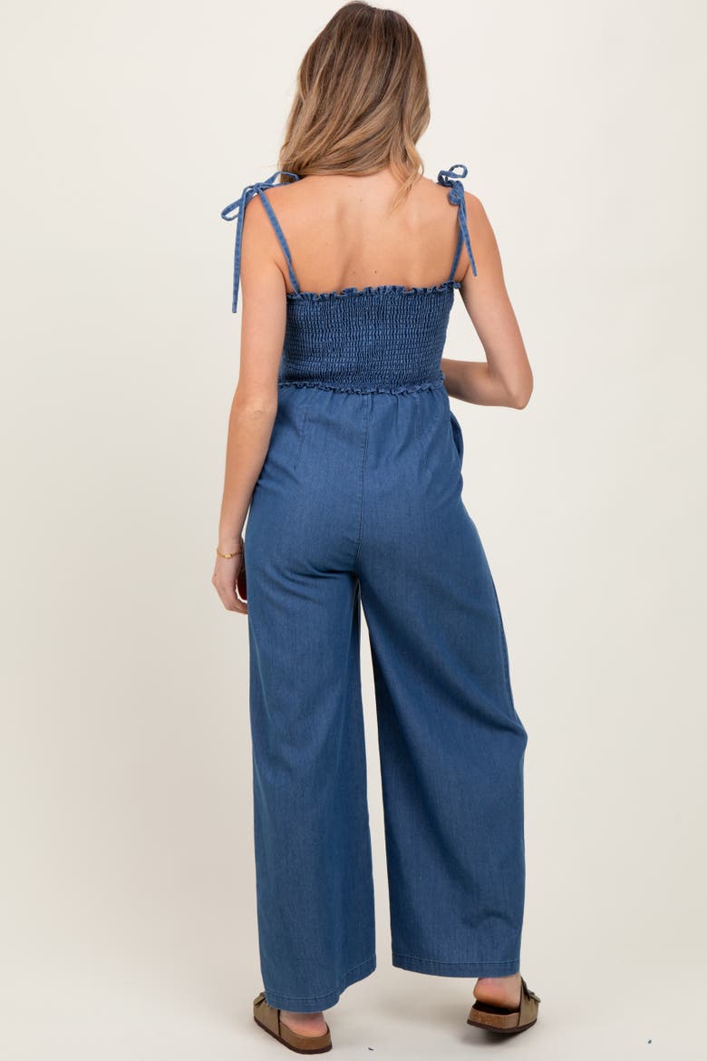 Chambray Shoulder Tie Smocked Jumpsuit, Alternate, color, Blue