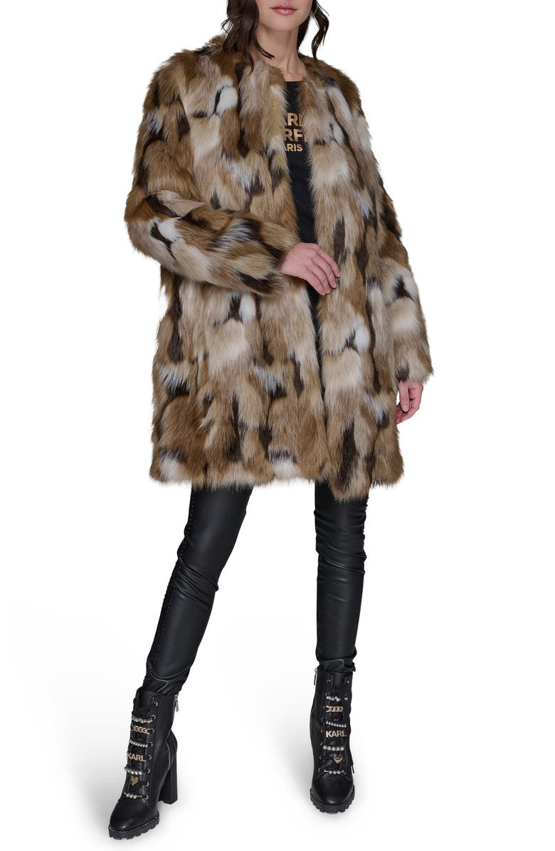 KARL LAGERFELD PARIS Collarless Faux Fur Jacket, Main, color, Beige Multi