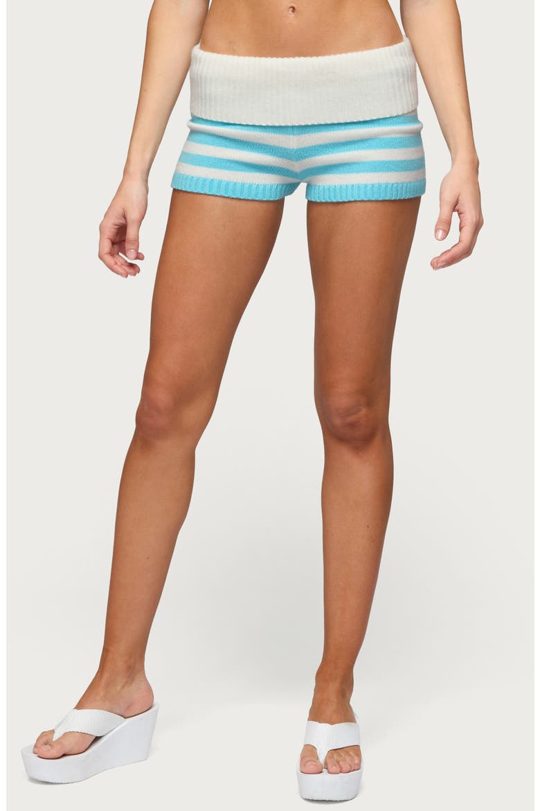Saphi Stripe Foldover Waist Knit Shorts, Main, color, TURQUOISE-AND-WHITE