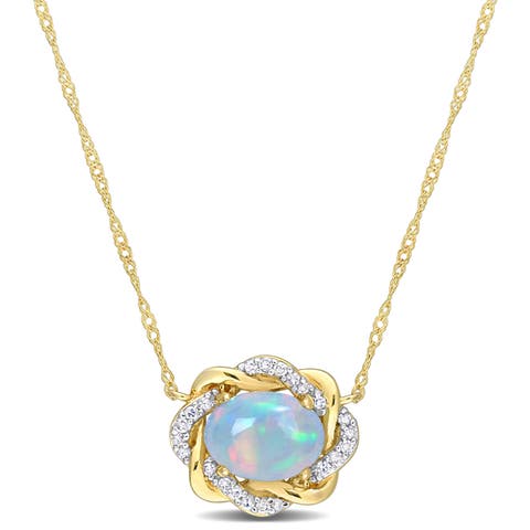 Opal & Diamond Halo Necklace 10K