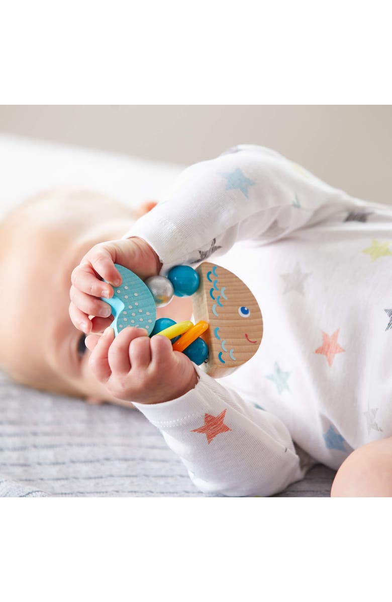 HABA Rattlefish Wooden Baby Rattle and Teething Toy with Plastic Rings, Teething Toys 6-12 months, Grasping Toy for Babies, Made in Germany, Alternate, color, Multi