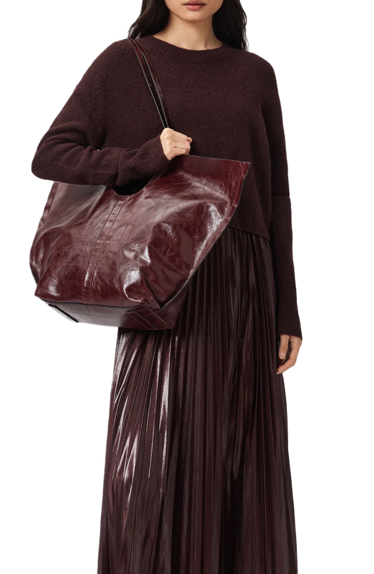 AllSaints Ara Shine Tote Bag, Alternate, color, Dark Red