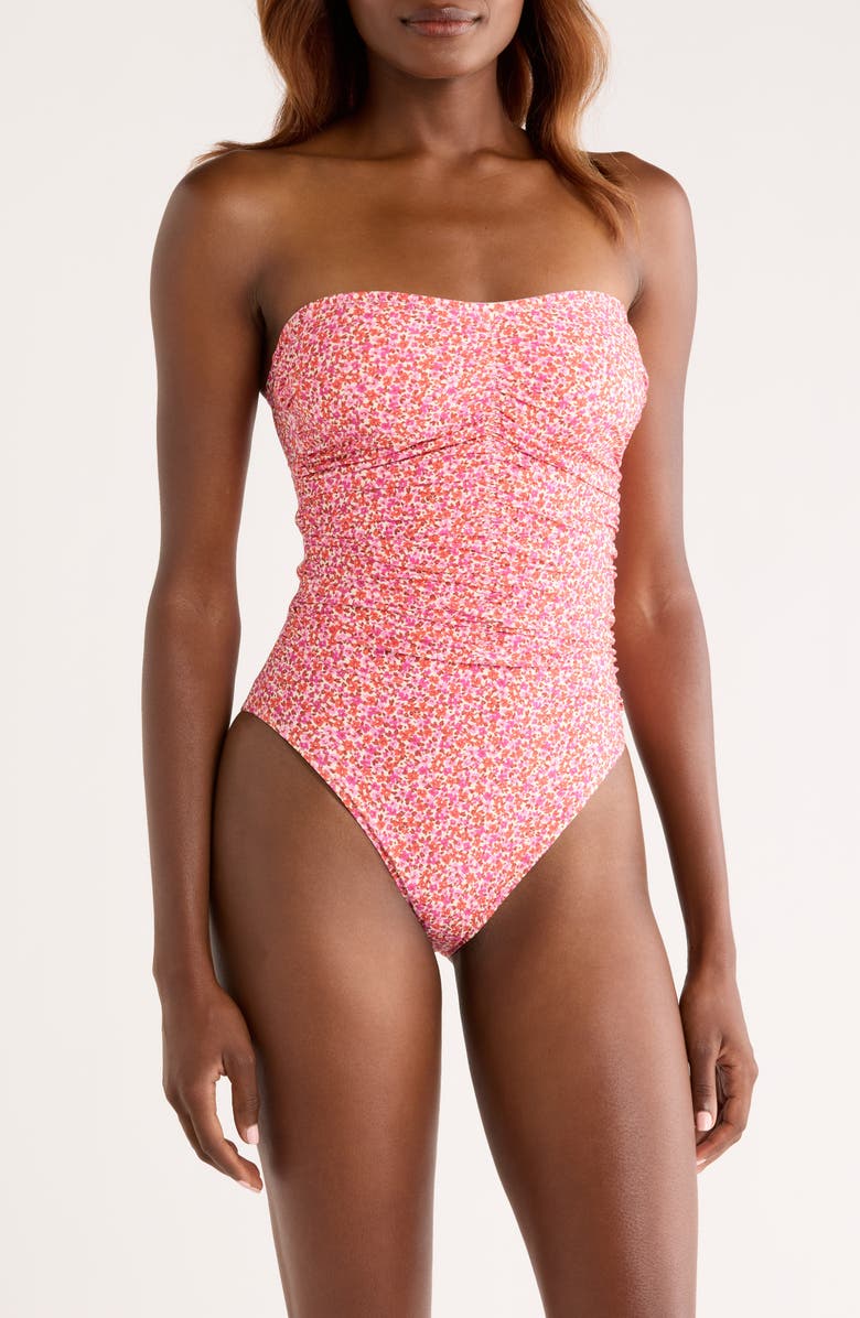& Other Stories Ruched Strapless One-Piece Swimsuit, Main, color, Orange Bright